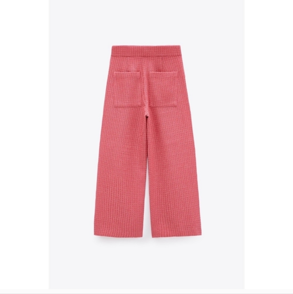 Zara Cropped Fit Tweed Textured Wide Leg Pants Pink Size Medium - Picture 4 of 10